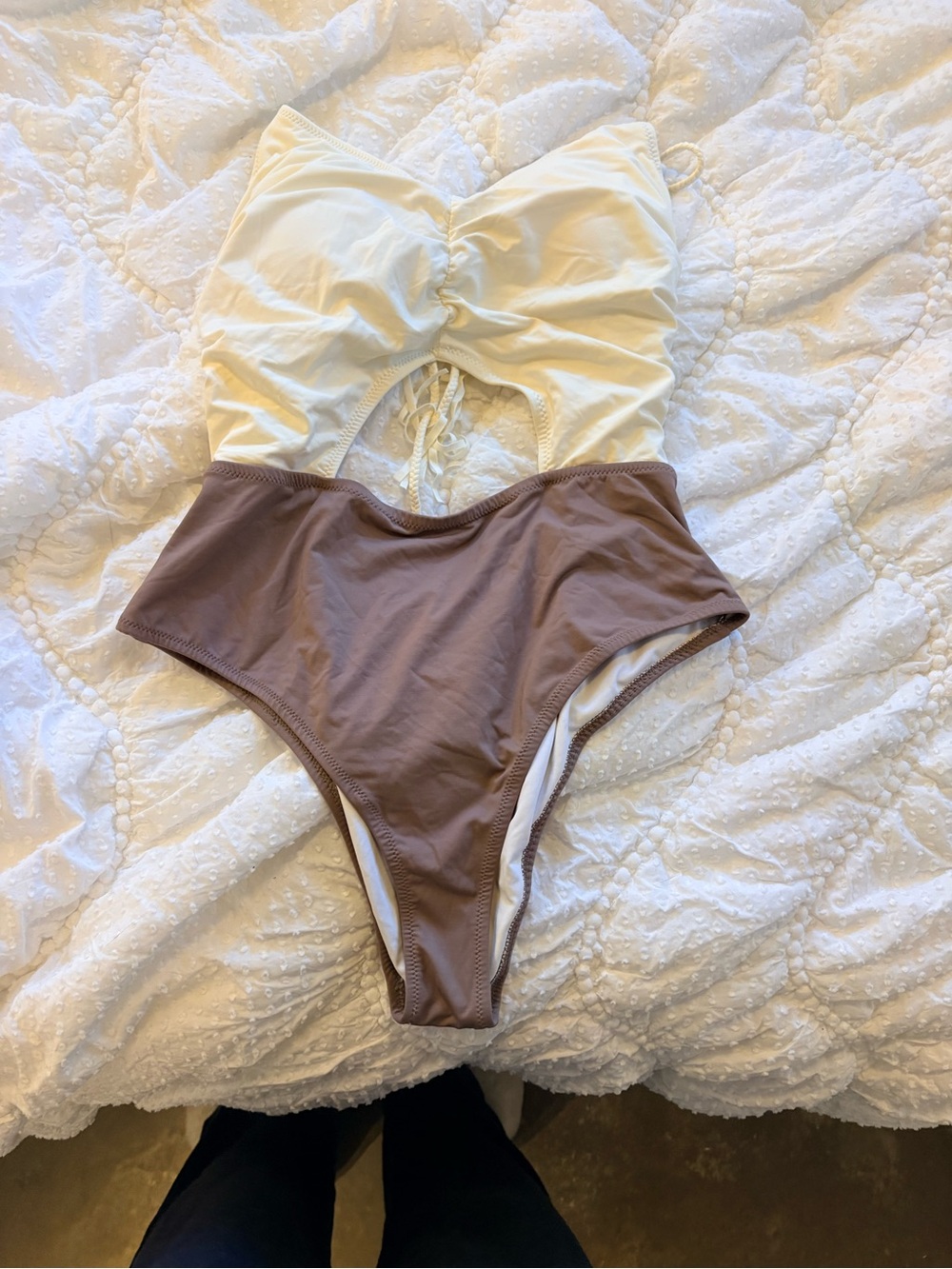 Simons Two-Tone Cutout One-Piece Swimsuit in Cream and Brown